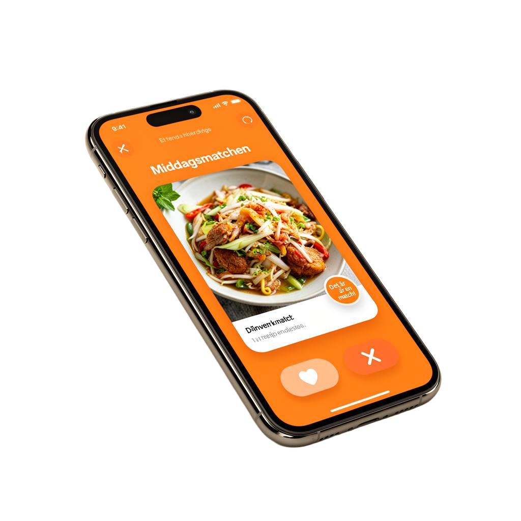 Middagsmatchen-appen som visar ett recept med swipe-gränssnitt
